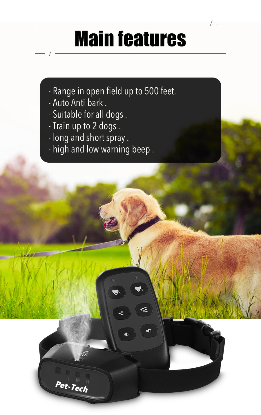 main features of pet tech's citronella 2 in 1 bark & remote training collar